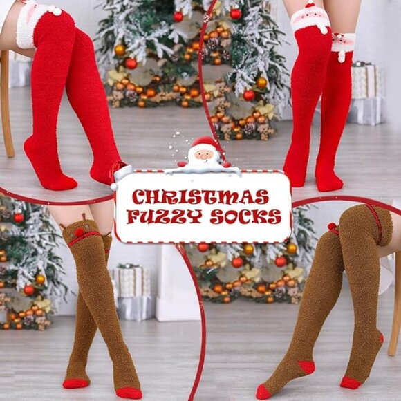 Christmas High Socks Fuzzy Over the Knee Socks 2 PEARS - Picture 3 of 5